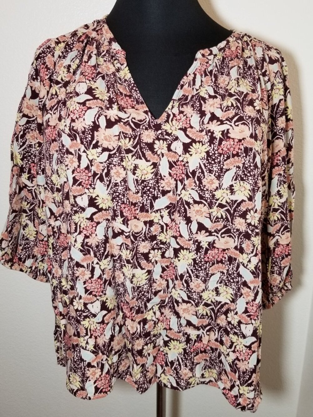Ava & Viv Womens 3X Burgundy Floral Long Sleeve Blouse Boho Peasant Cottage‎